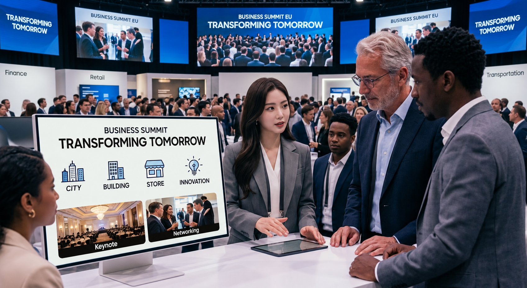 AI-generated concept of a business summit; not a photograph of the event